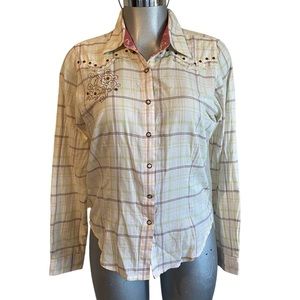 X Studded Plaid Western Shirt Medium Snap Buttons Coastal Cowgirl Rodeo Long Slv
